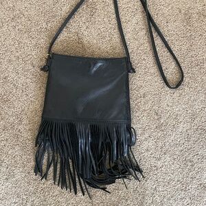 Black Leather Fringe Hobo Crossbody Bag with Matching Wallet